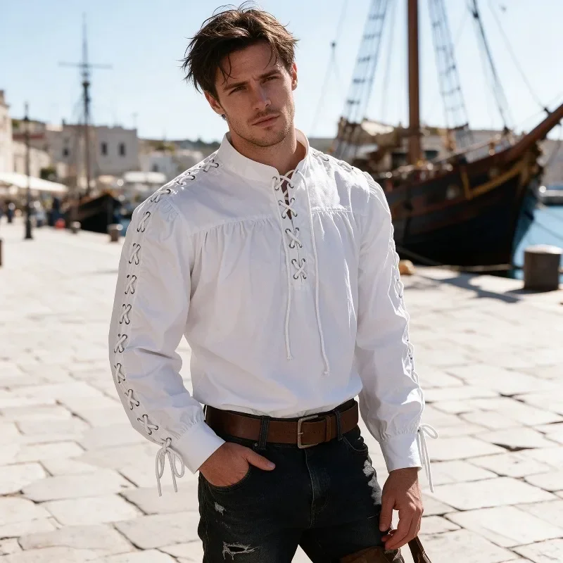 Medieval Gothic Lace Up Pirate Shirt - Camicia da Pirata Medievale da Uomo,