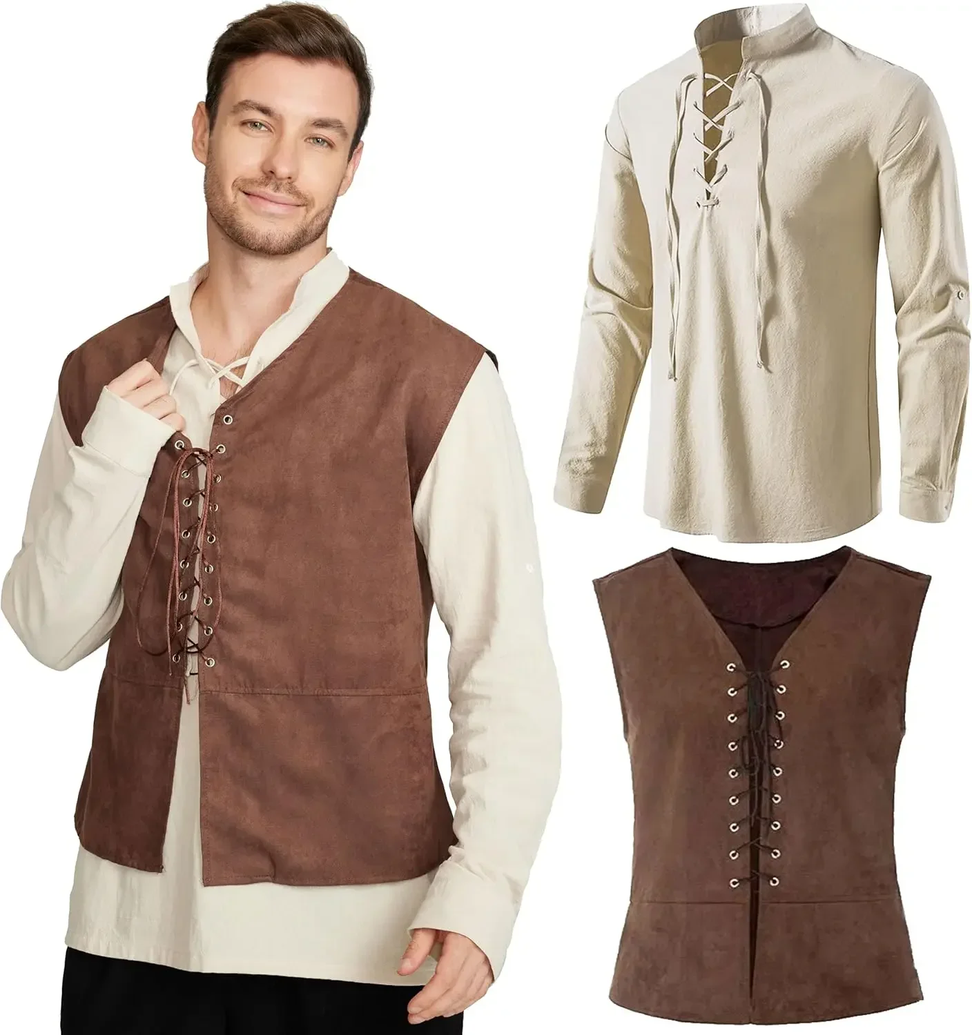 Medieval Gothic Lace Up Pirate Shirt - Set da 2 pezzi: Gilet da