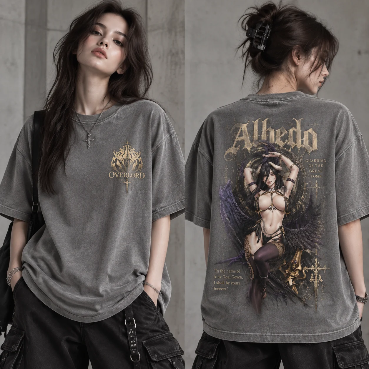 Acid Wash Vintage Graphic T Shirt - T-shirt grafica Albedo Overlord, T-shirt oversize