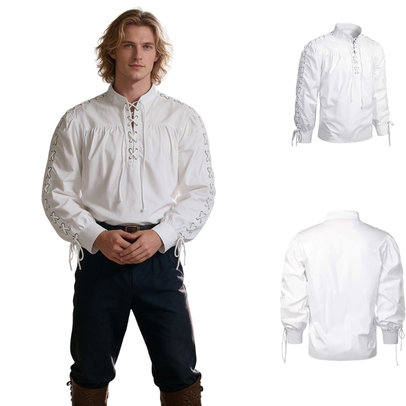 Camicia da uomo vintage con co - Medieval Gothic Lace Up Pirate Shirt recensione e prezzo